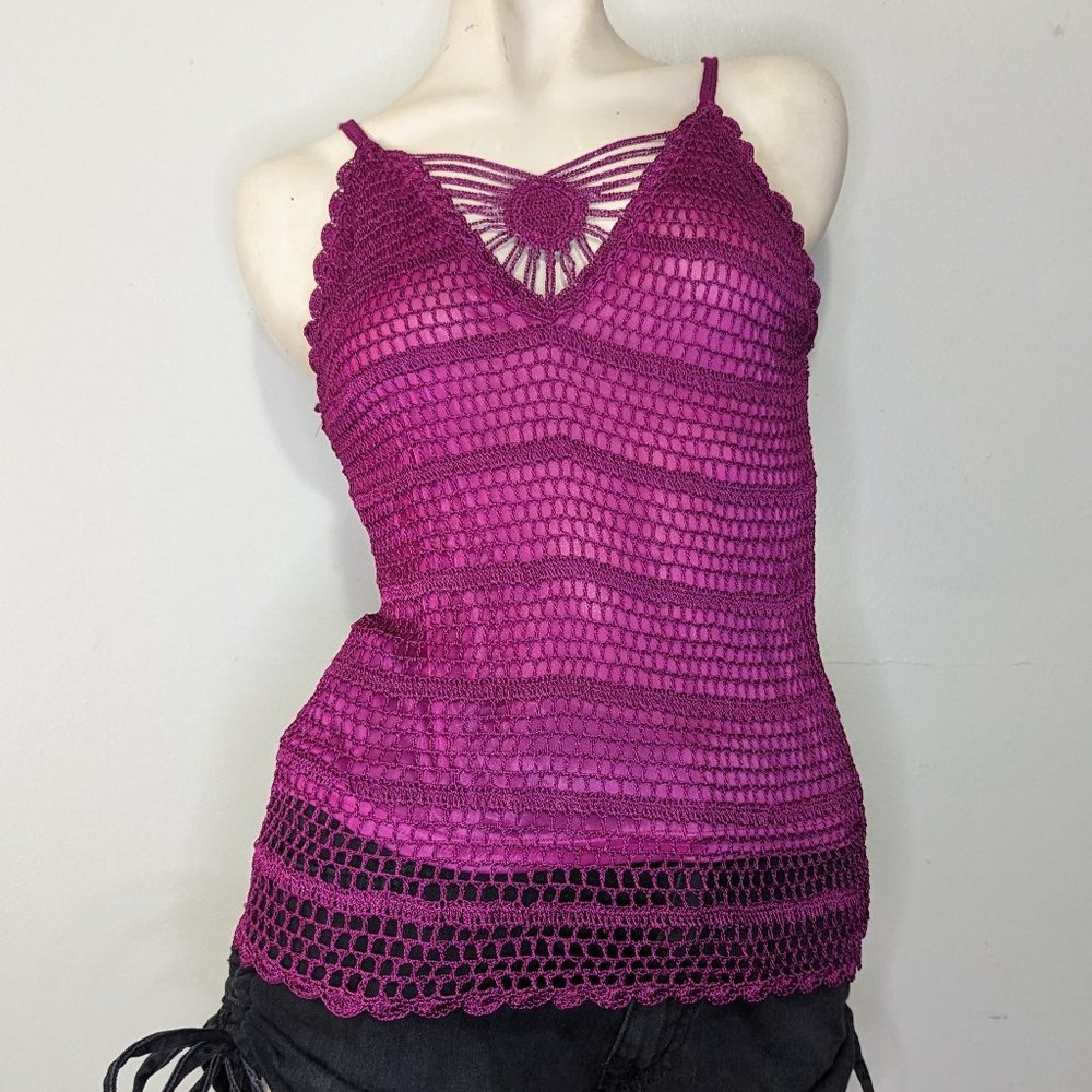Say What? Magenta Faux Crochet Tank Top L EUC